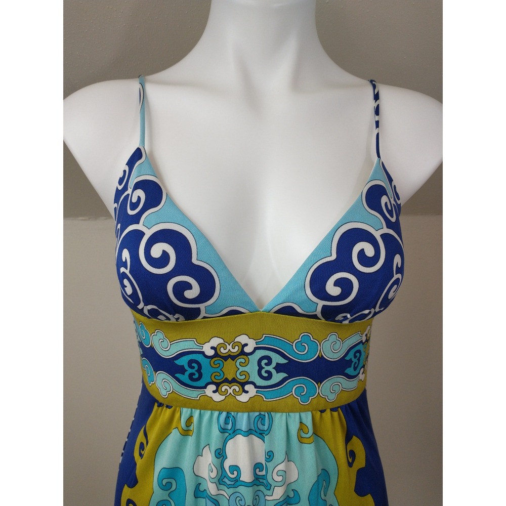 Trina Turk 100% Silk Dress Blue Green Psychedelic Print Empire Waist Size 2 Sexy